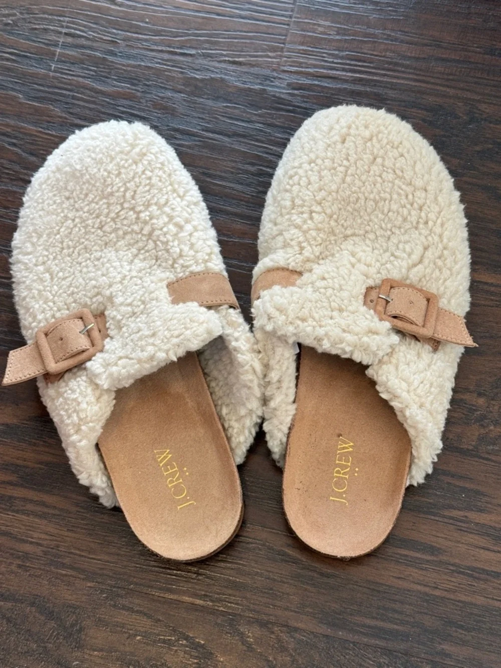 J. Crew Cream Shearling Clog Slippers with Tan Suede Strap